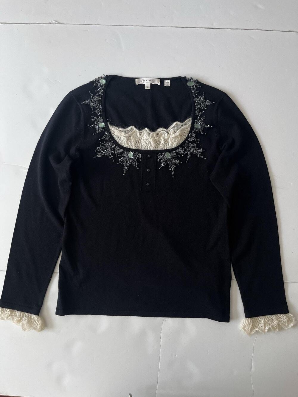 Vertigo Paris Sweater Womens M Black Beaded Long Sleeve Scoop Neck Henley Silk